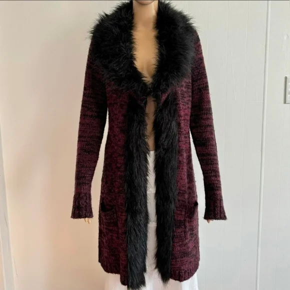 BCBGMaxAzria Burgundy and Black Faux Fur Cardigan